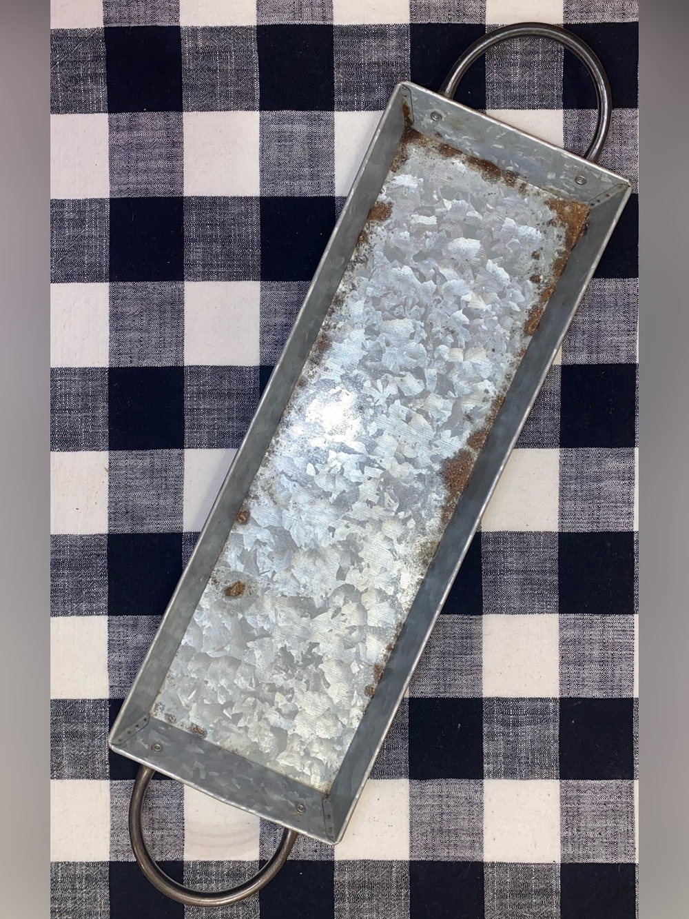 GALVANIZED OBLONG METAL TRAY Farmhouse Decor with Handles Gray 16”x 5”x 1-1/2”